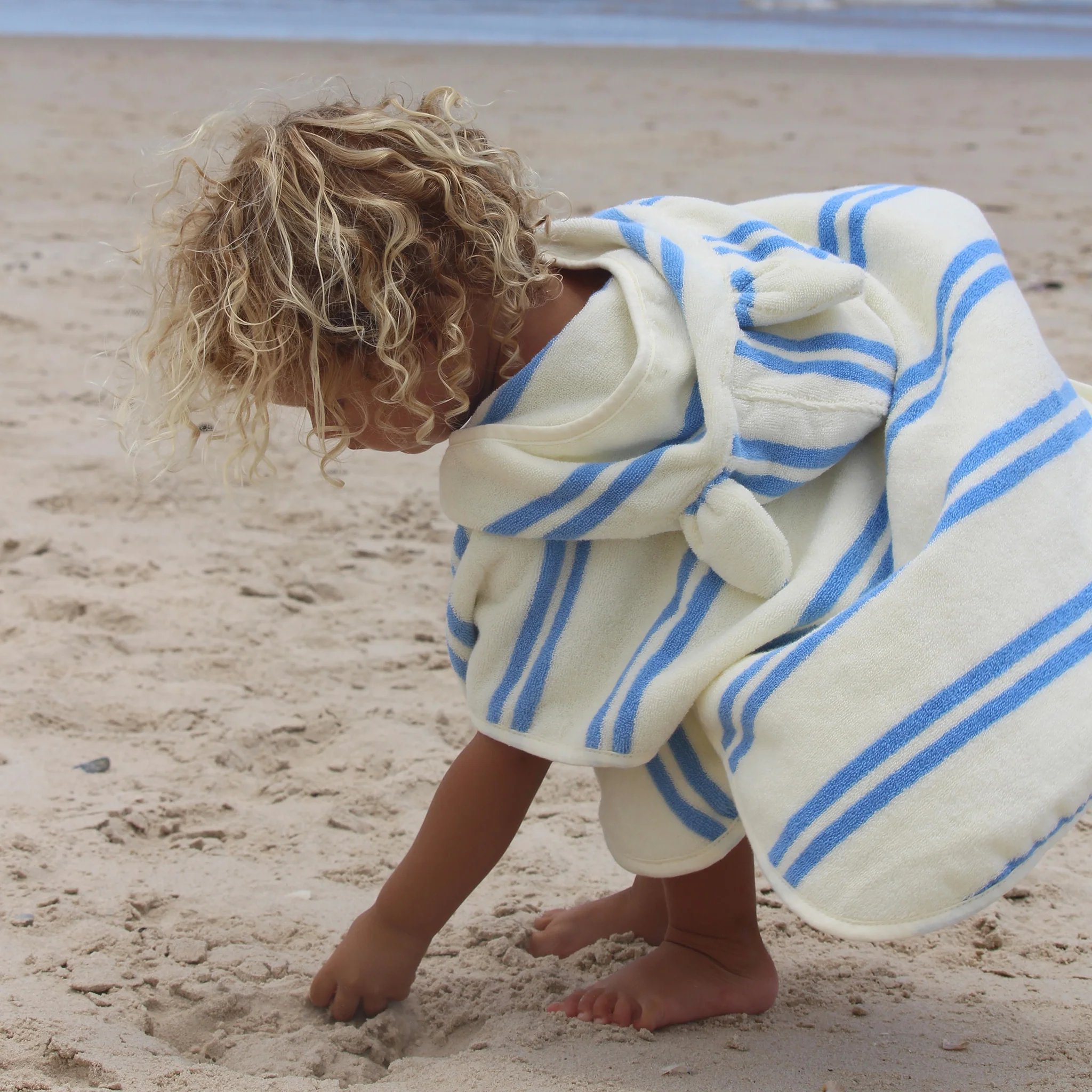 Kids Beach Poncho Towel - Sammy the Seagull Blue Stripe - Image 3