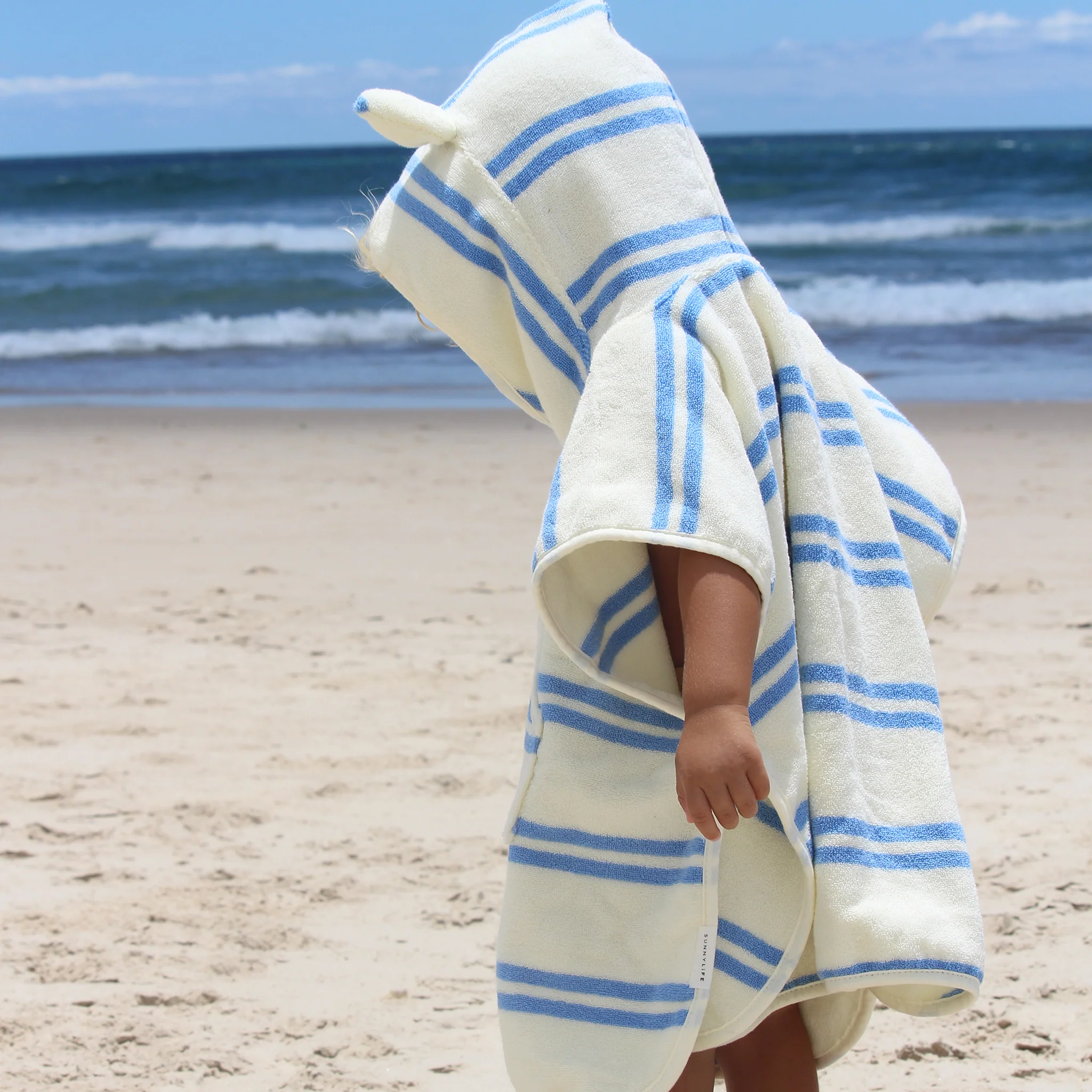 Kids Beach Poncho Towel - Sammy the Seagull Blue Stripe - Image 4