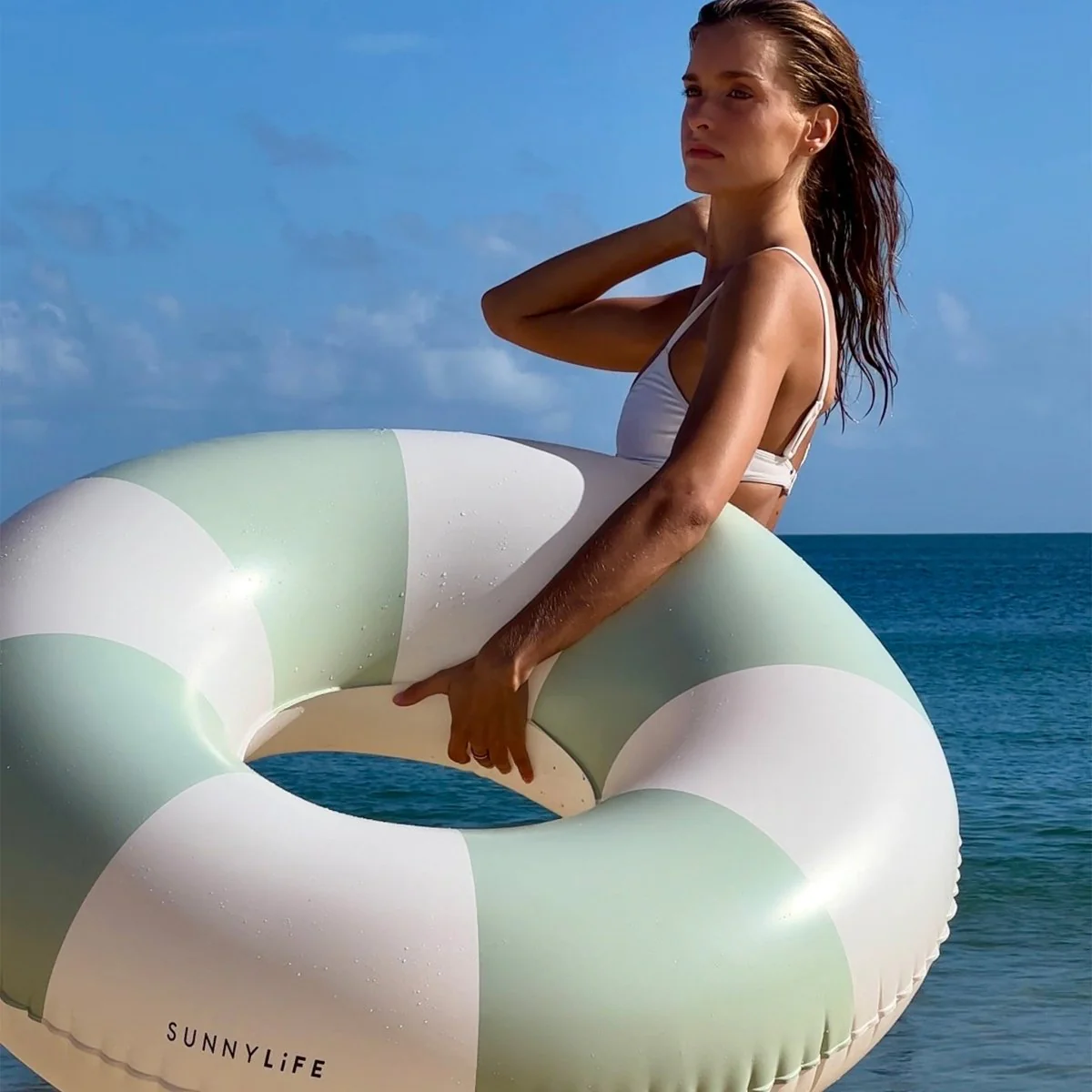 Tube Pool Ring - The Vacay Soft Olive Stripe - Image 5